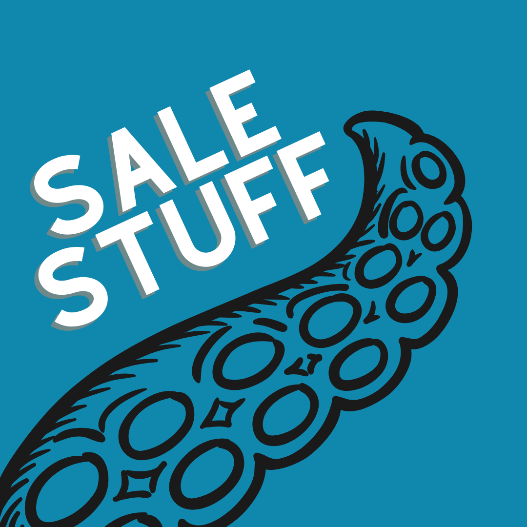 A black tentacle illustration is holding up the words "Sale Stuff" in front of a dark teal background.