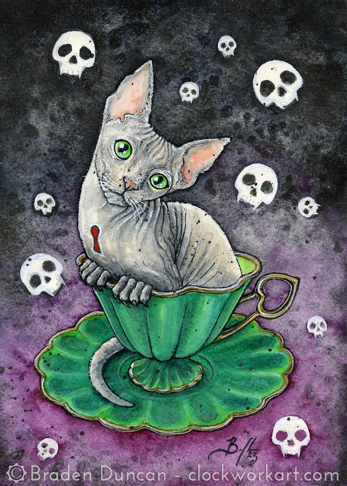 Original Art- Teacup Kitten: Sencha with Skulls