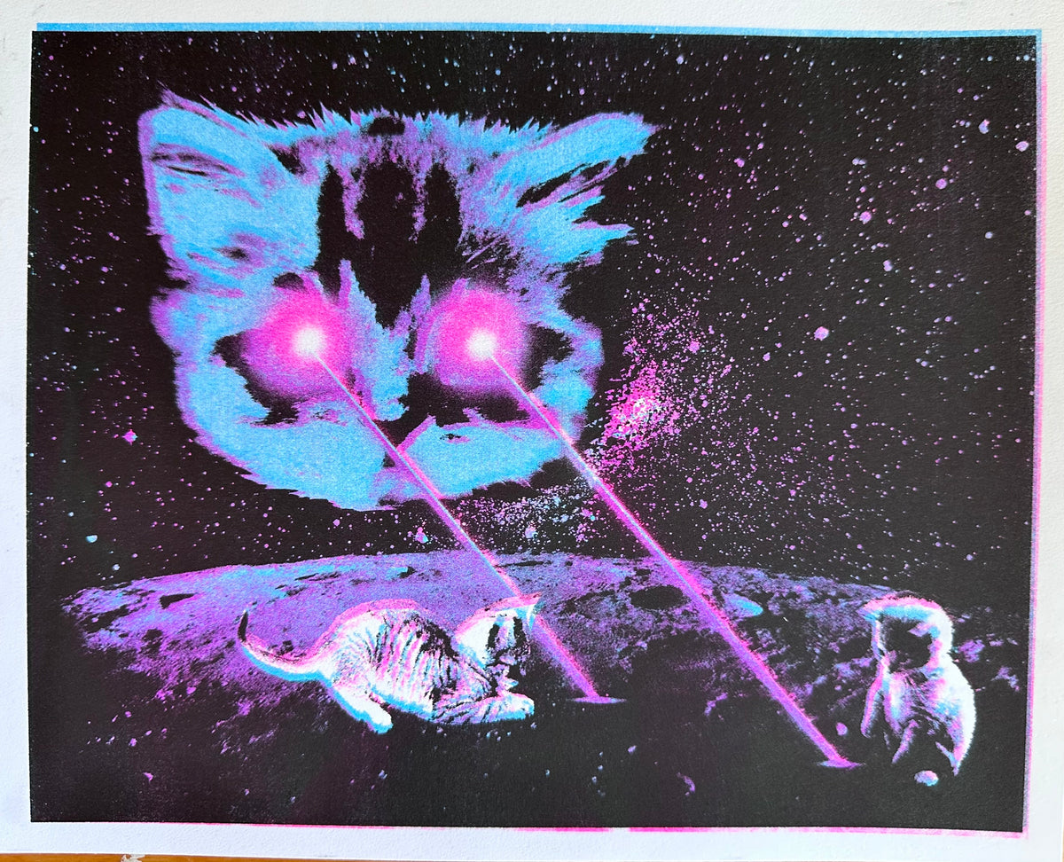 Risograph Print: Meta Laser Cat - Color