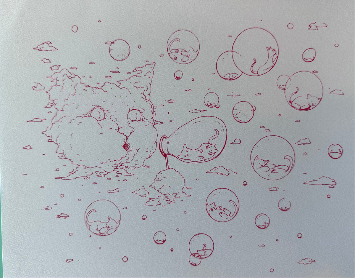 Risograph Print: Bubble Cat - Red