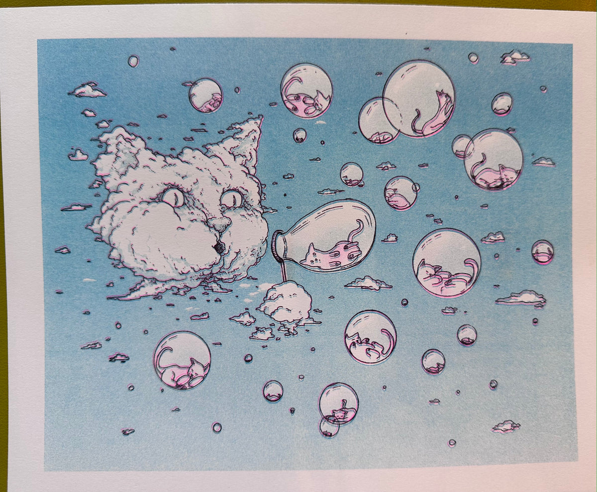 Risograph Print: Bubble Cat - Blue