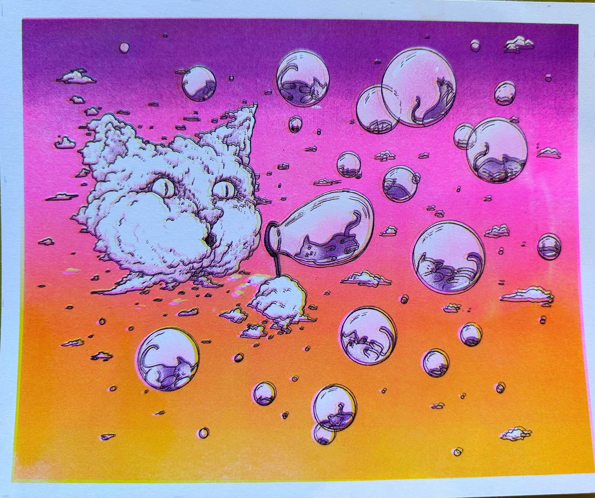 Risograph Print: Bubble Cat - Sunset