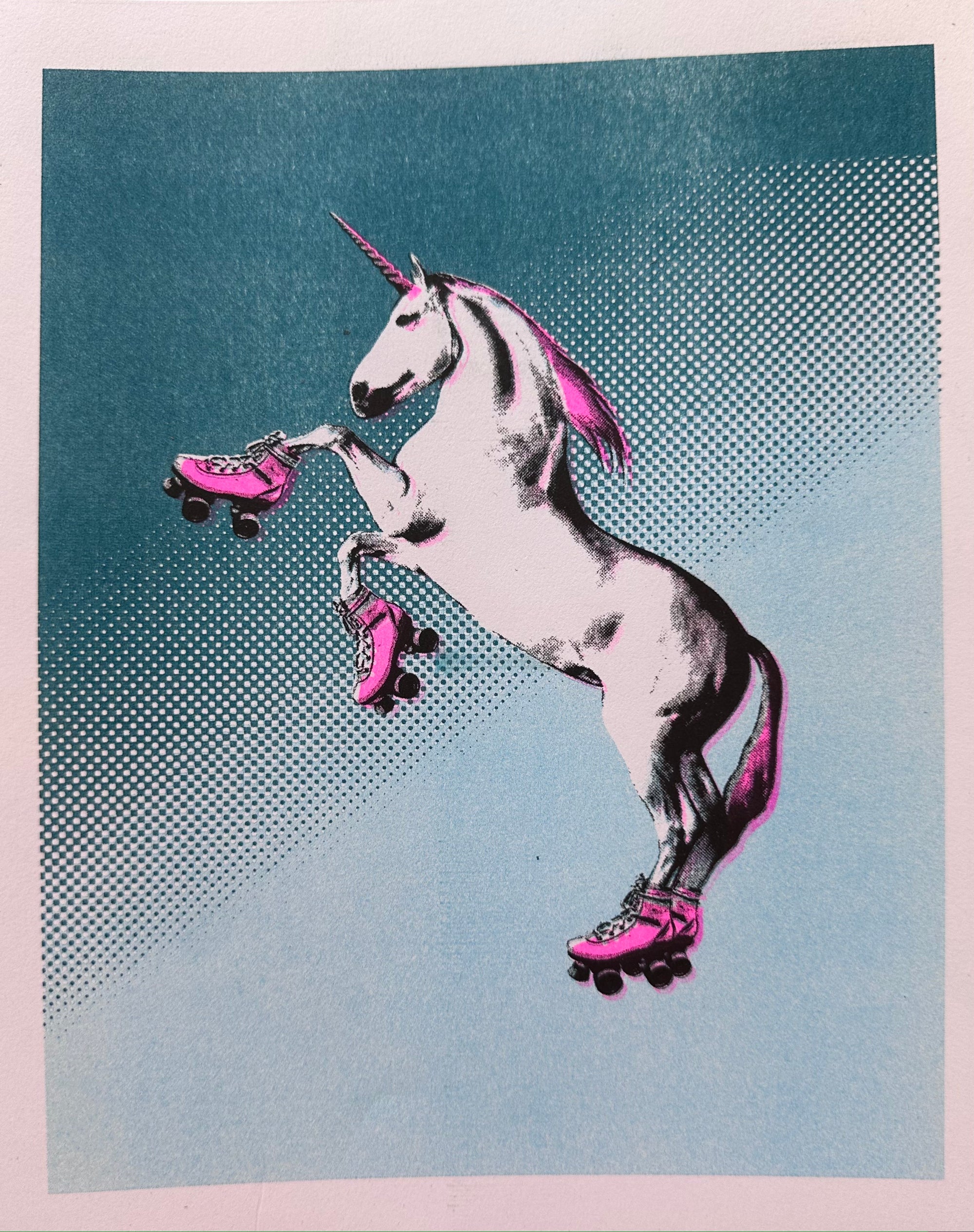 Risograph Print: Roller Skating Unicorn - Blue