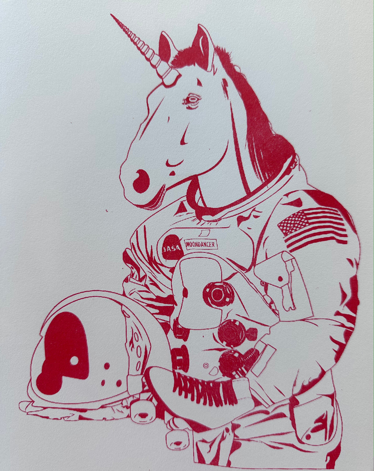 Risograph Print: Astronaut Unicorn - Red