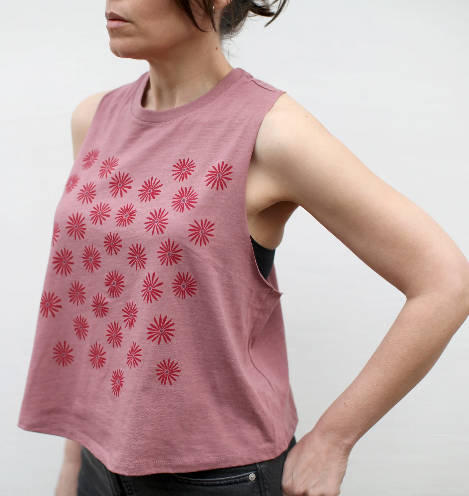 Shirt - Tank - Red Daisy Wildflowers - Pink Cropped Racerback