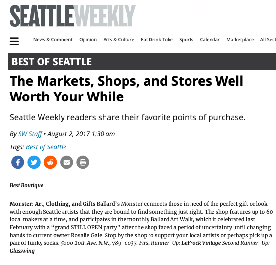 Seattle Weekly - The Markets, Shops, and Stores Well Worth Your While (link to article on Seattle Weekly)