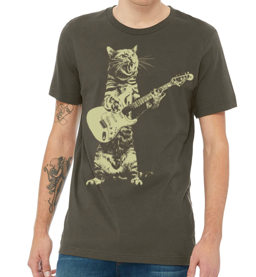 Shirt - Cat Playing Guitar - Unisex Crew in Army Green