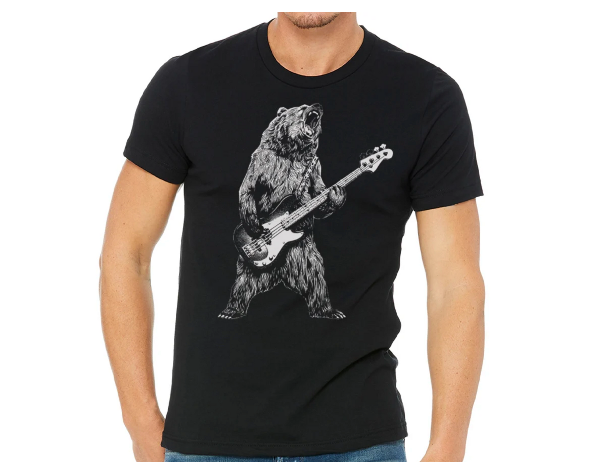 Shirt - Bear Playing Bass Guitar - Unisex Crew in Black