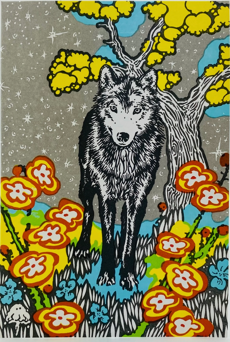 Card -  Wolf &amp; Flowers Under A Night Sky