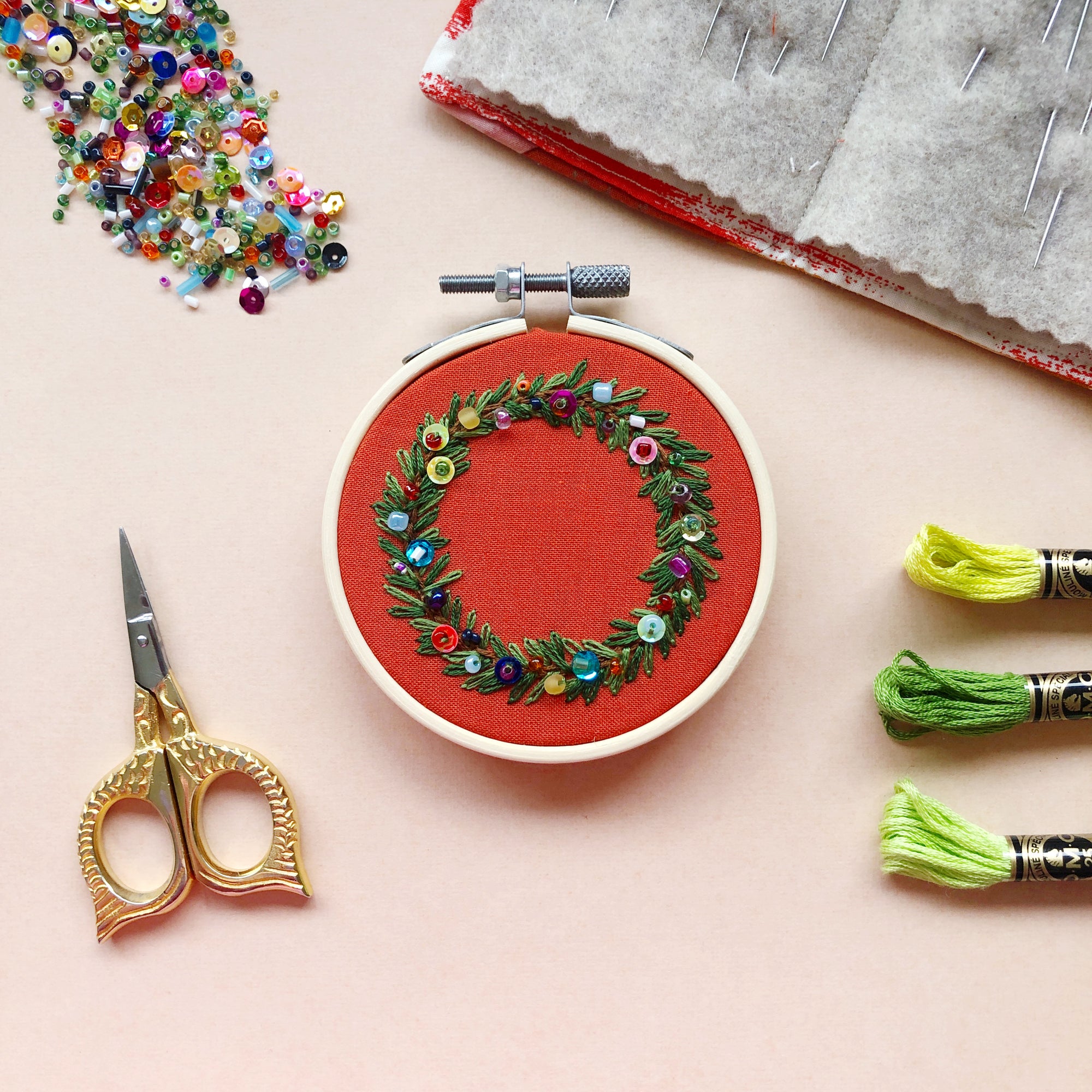 EMBROIDERY CLASS: Bead-dazzled Holiday Wreath Ornament