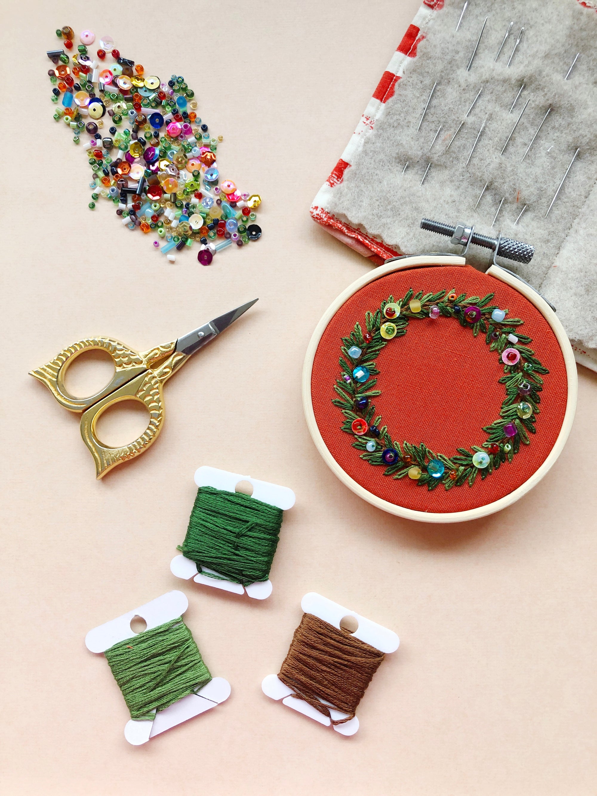 EMBROIDERY CLASS: Bead-dazzled Holiday Wreath Ornament