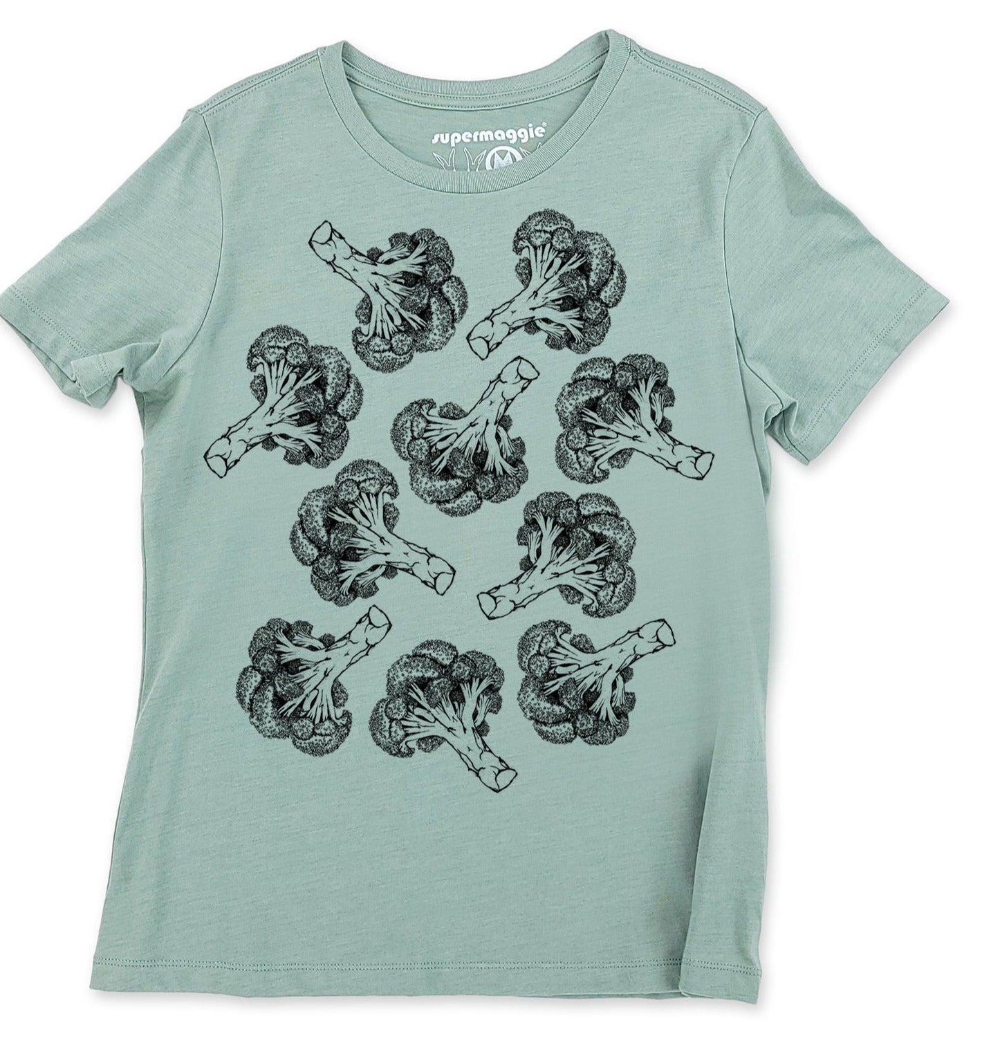 A seafoam green tshirt with illustrations of broccoli stalks all over the front in black ink. 
