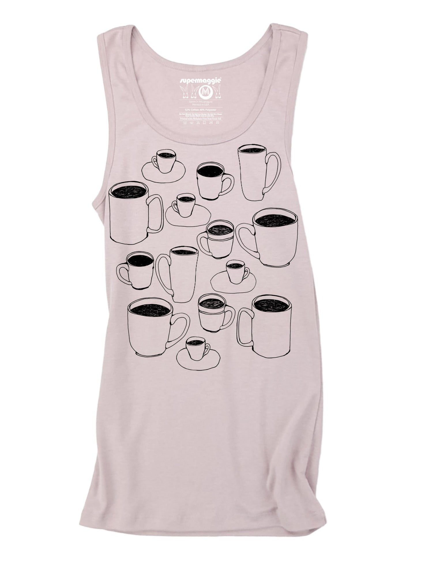Long and lean tank top in heather pink. It has illustrated coffee mugs of all shapes and sizes screenprinted on the front in black ink.