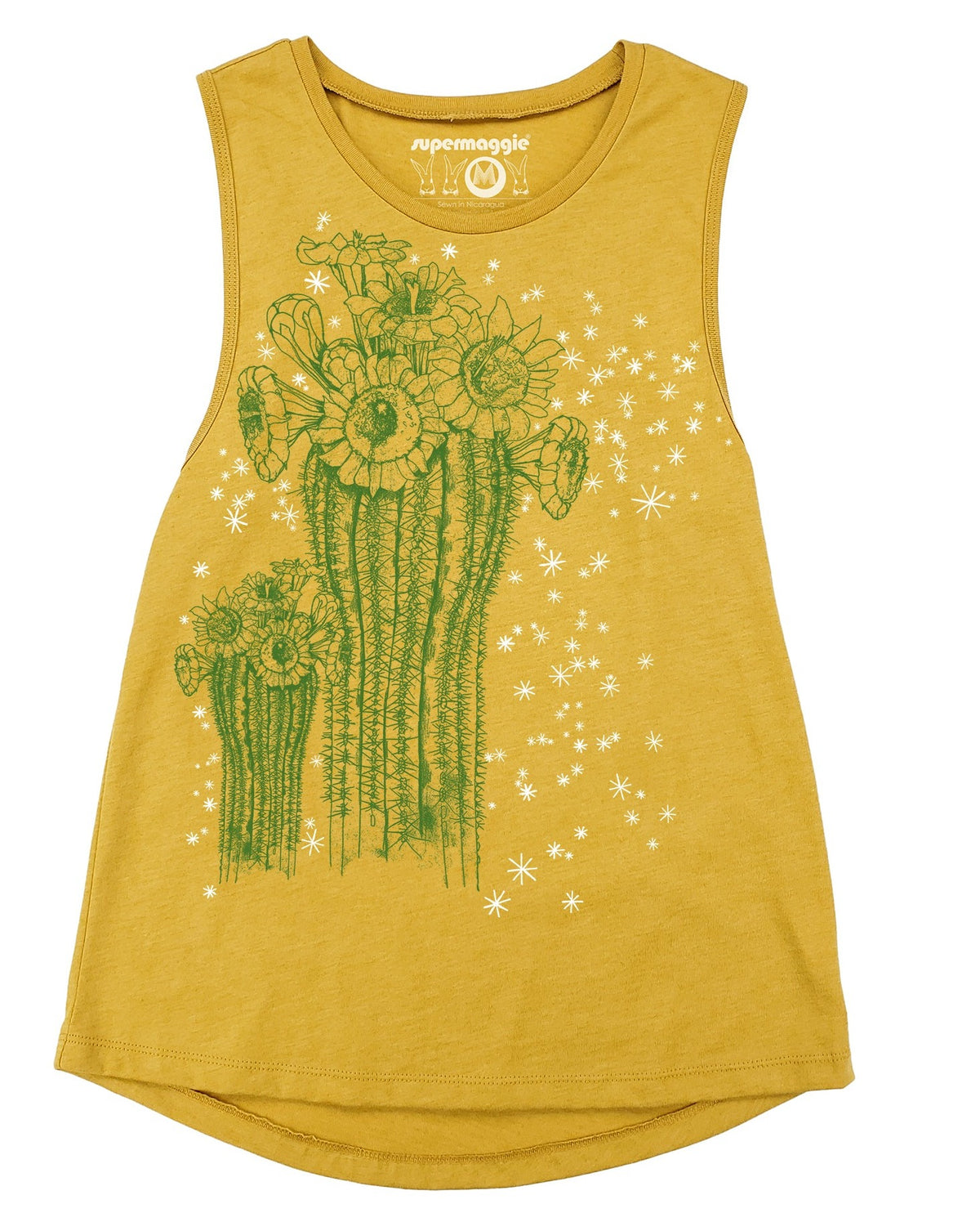 A mustard yellow muscle tank with saguaro cactus screenprinted in green ink. Stars are printed in white ink.
