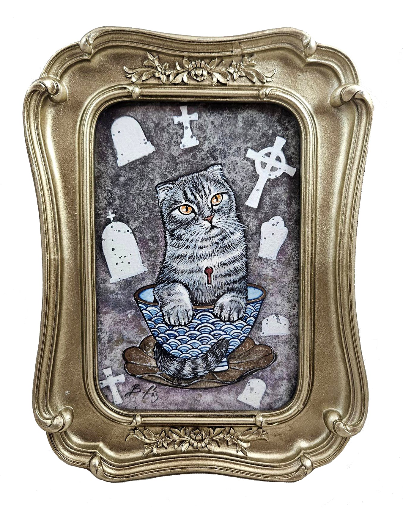 Original Art- Teacup Kitten: Gyokuro with Gravestones