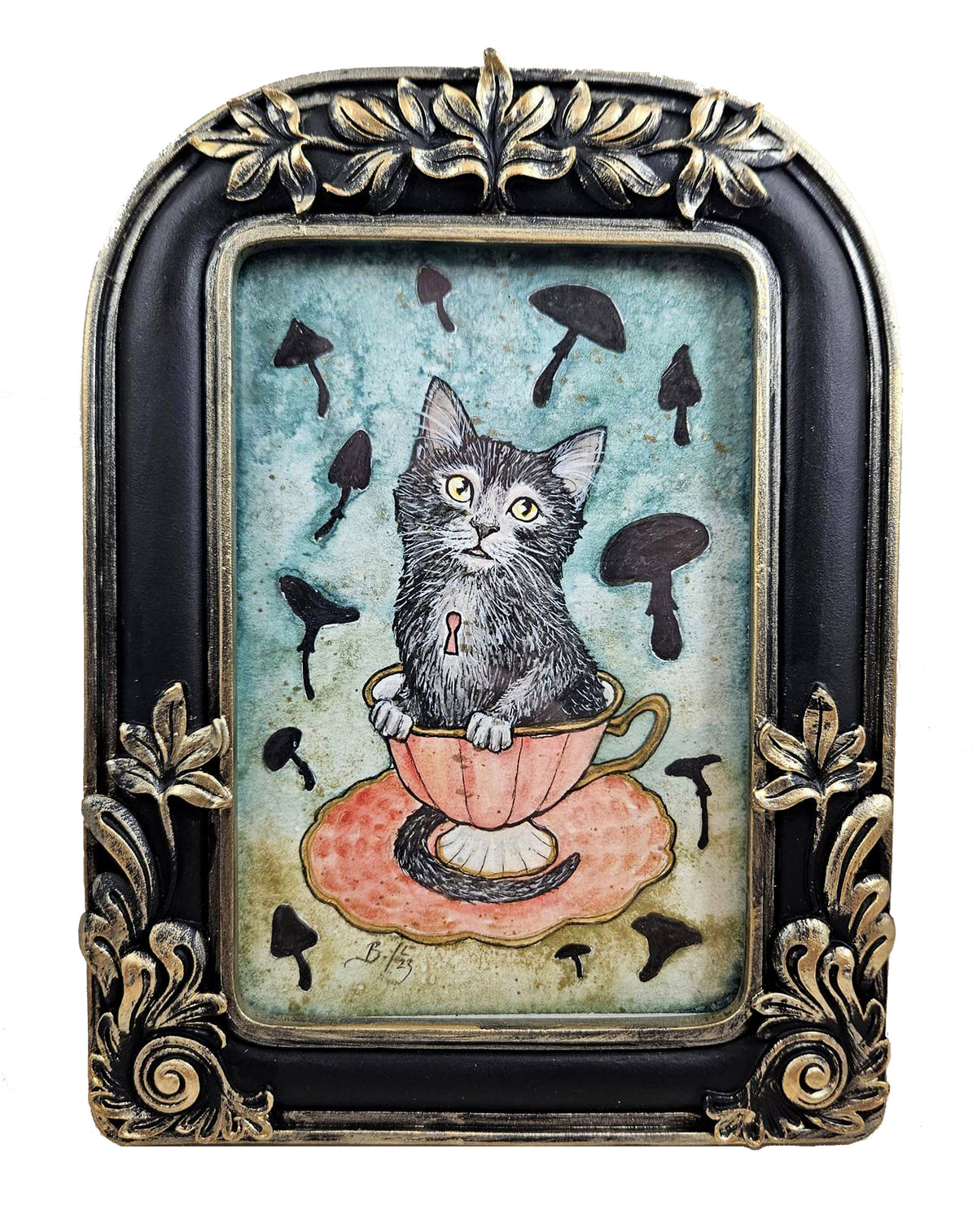 Original Art- Teacup Kitten: Matcha with Mushrooms