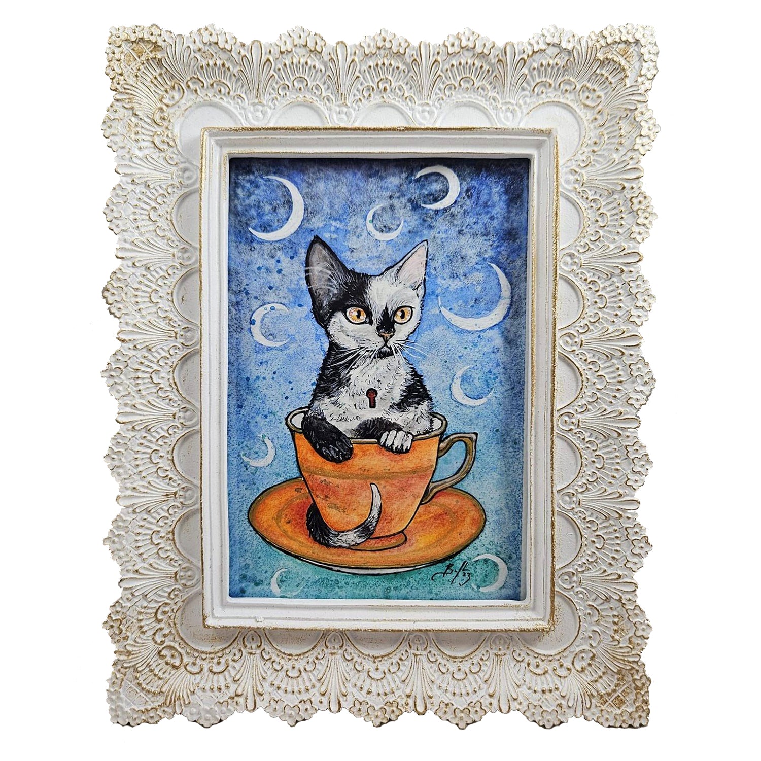 Original Art- Teacup Kitten: Mint with Moon