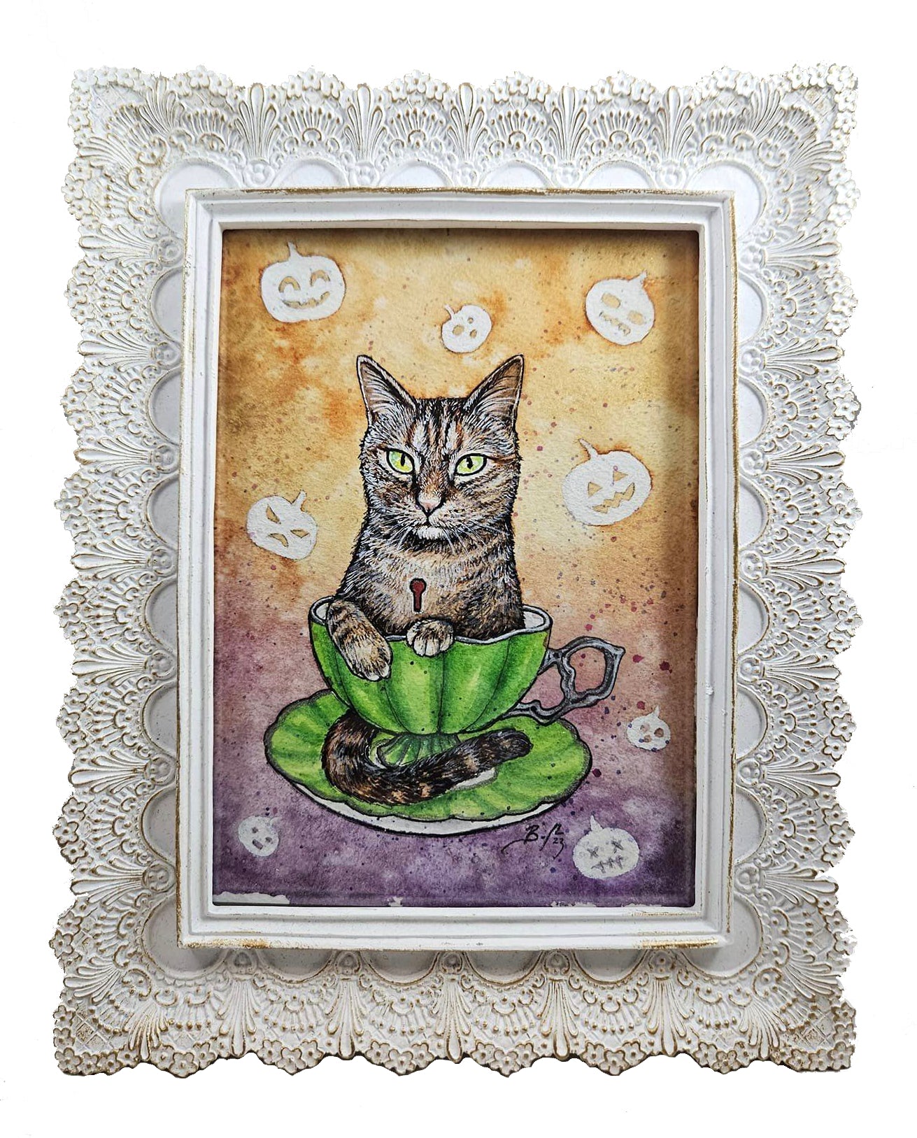Original Art- Teacup Kitten: Pu'erh with Pumpkins