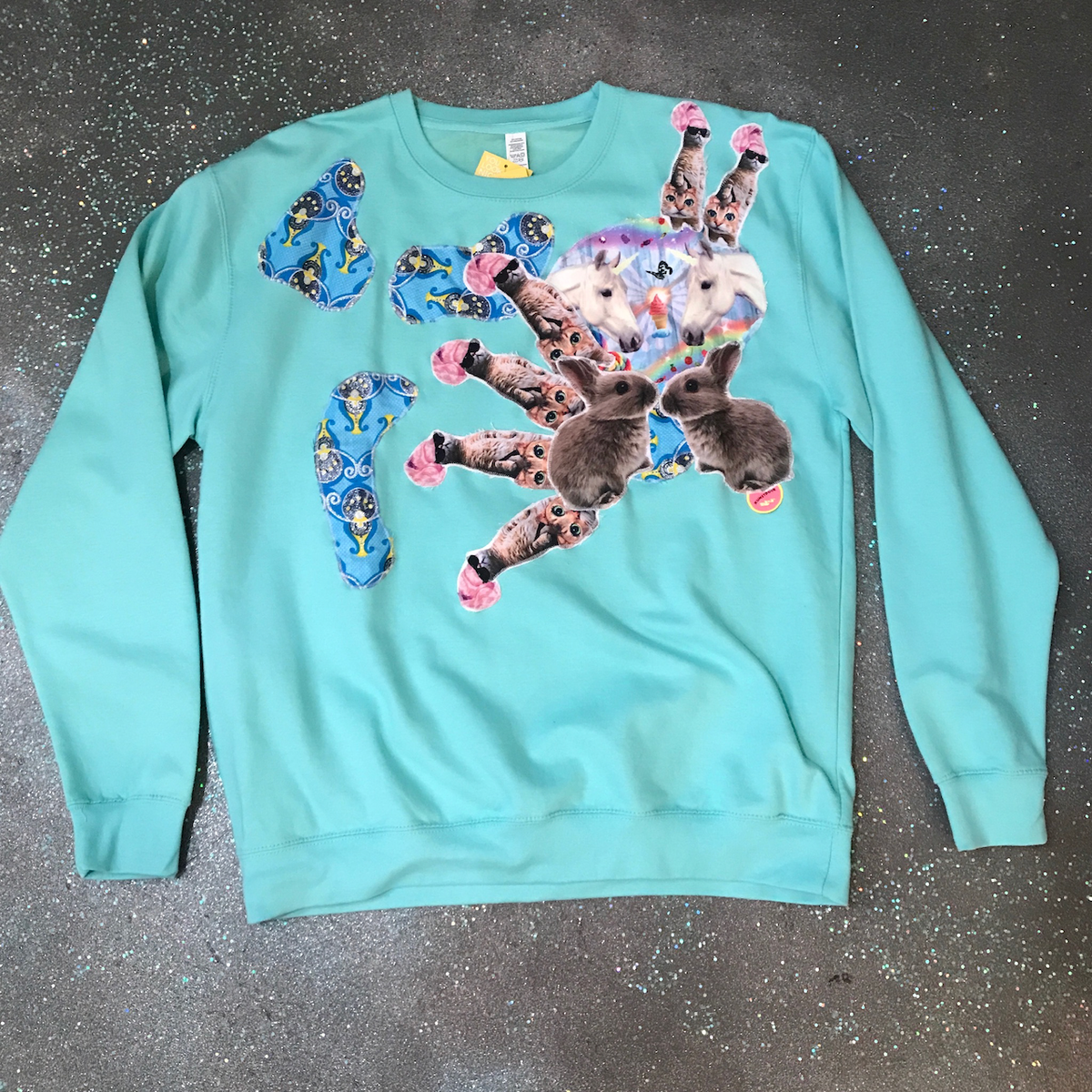 Sweatshirt - 2XL - Aqua with Bunnies, Wig Cats, and Unicorns