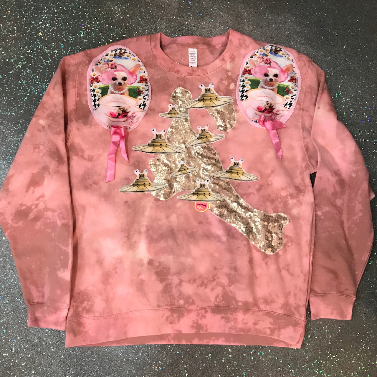 Sweatshirt - 2XL - Pink with Chihuahuas, UFO Cats, Sequins, and Ribbons