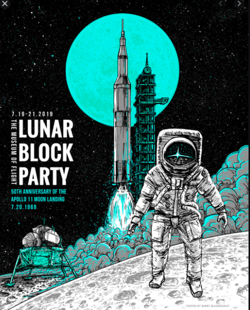 Print - Lunar Block Party Poster - 16x20 (Barry the art Guy) Barry Blankenship (shuttle lift off + space suited figure)
