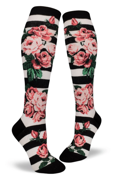 Sock - Knee-High: Romantic Rose / B&W Stripe