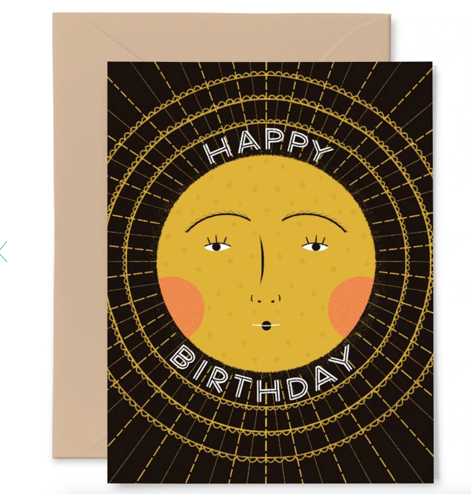 A black card with a mustard yellow sun with rosy cheeks in the middle. It says "Happy Birthday." The sun haas a pretty face. The card is shown on a white background and is sitting on top of a Kraft colored envelope. 
