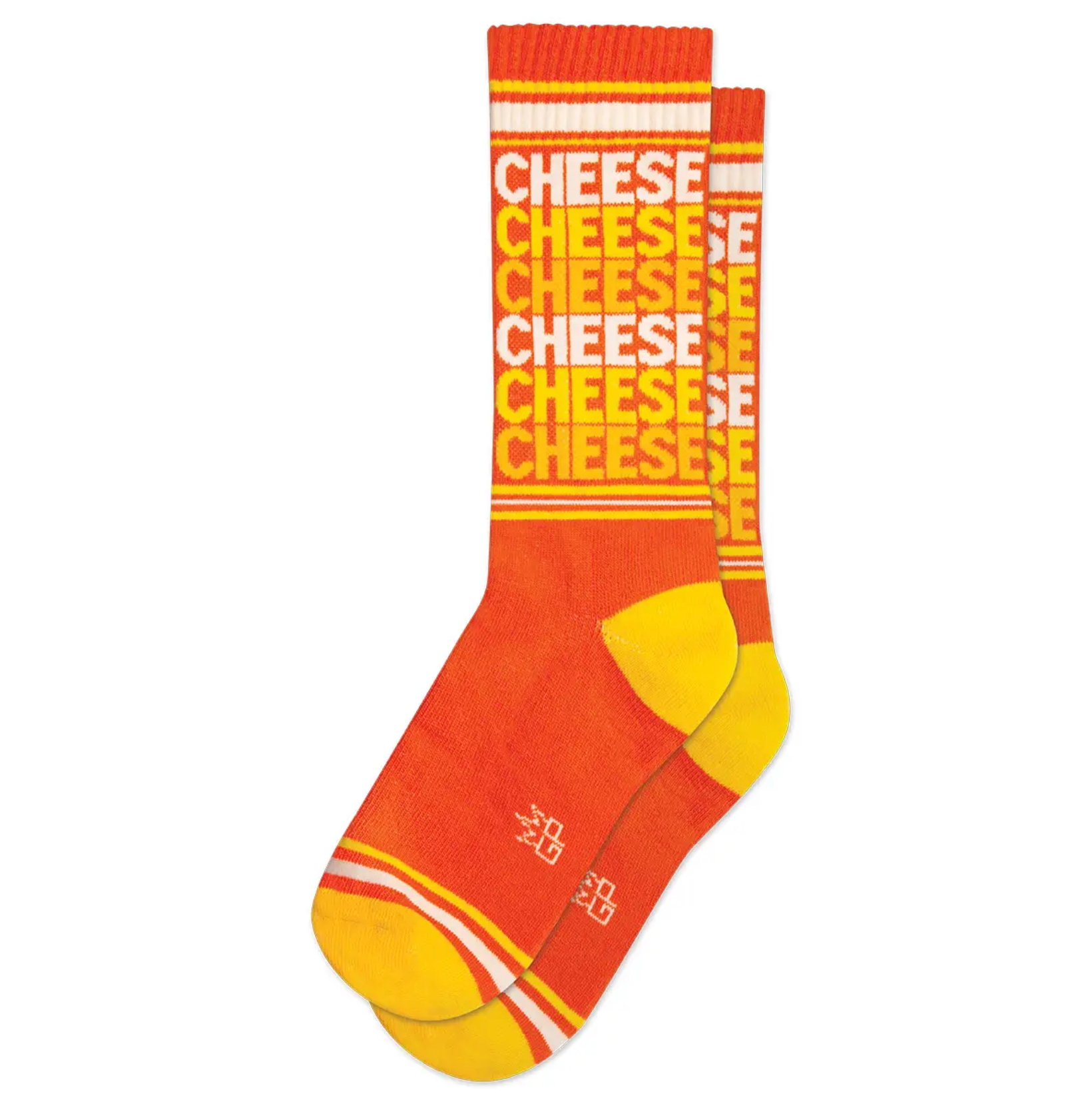 Orange unisex gym socks. They have yellow on the toes and heels and say CHEESE CHEESE CHEESE CHEESE CHEESE CHEESE CHEESE in yellow, white and orange letters. 