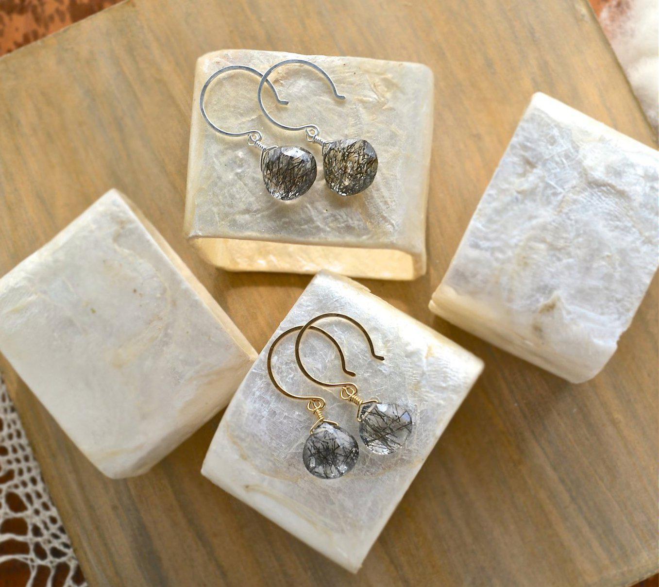 Black Sea Earrings - 14K gold black striped tourmalinated quartz gemstone drop earrings - Foamy Wader