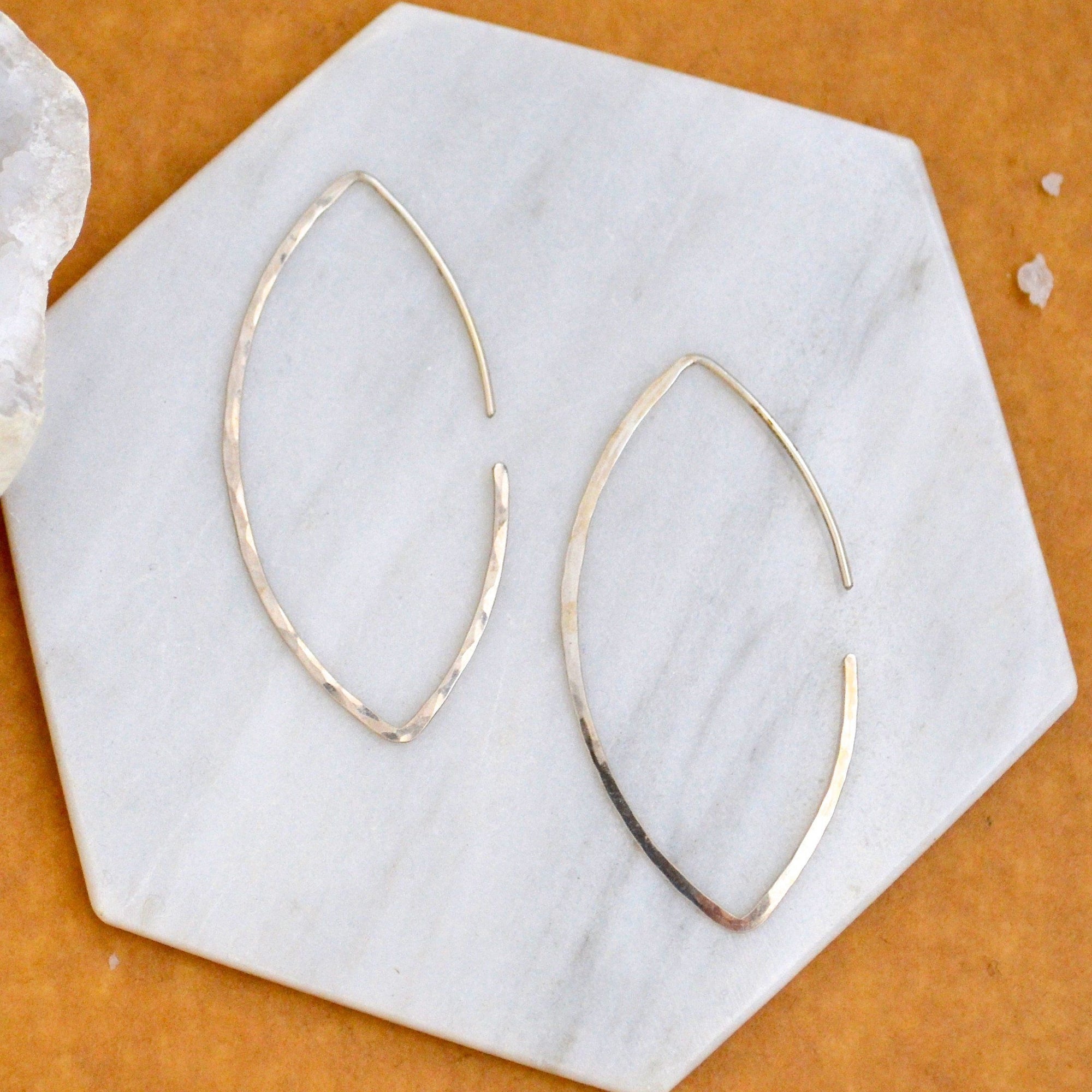 Buffy Hoop Earrings - handmade hammered marquise sleek hoop earrings in 14k gold - Foamy Wader