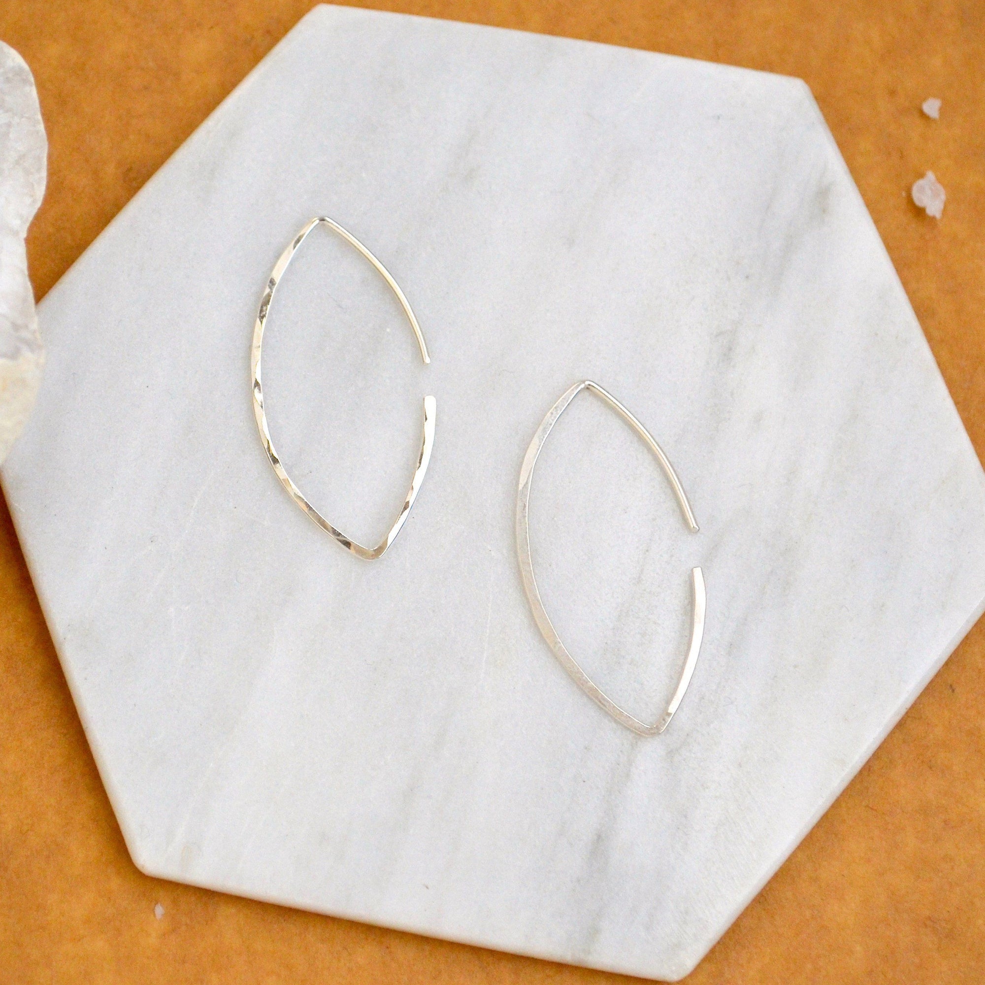 Buffy Hoop Earrings - handmade hammered marquise sleek hoop earrings in 14k gold - Foamy Wader