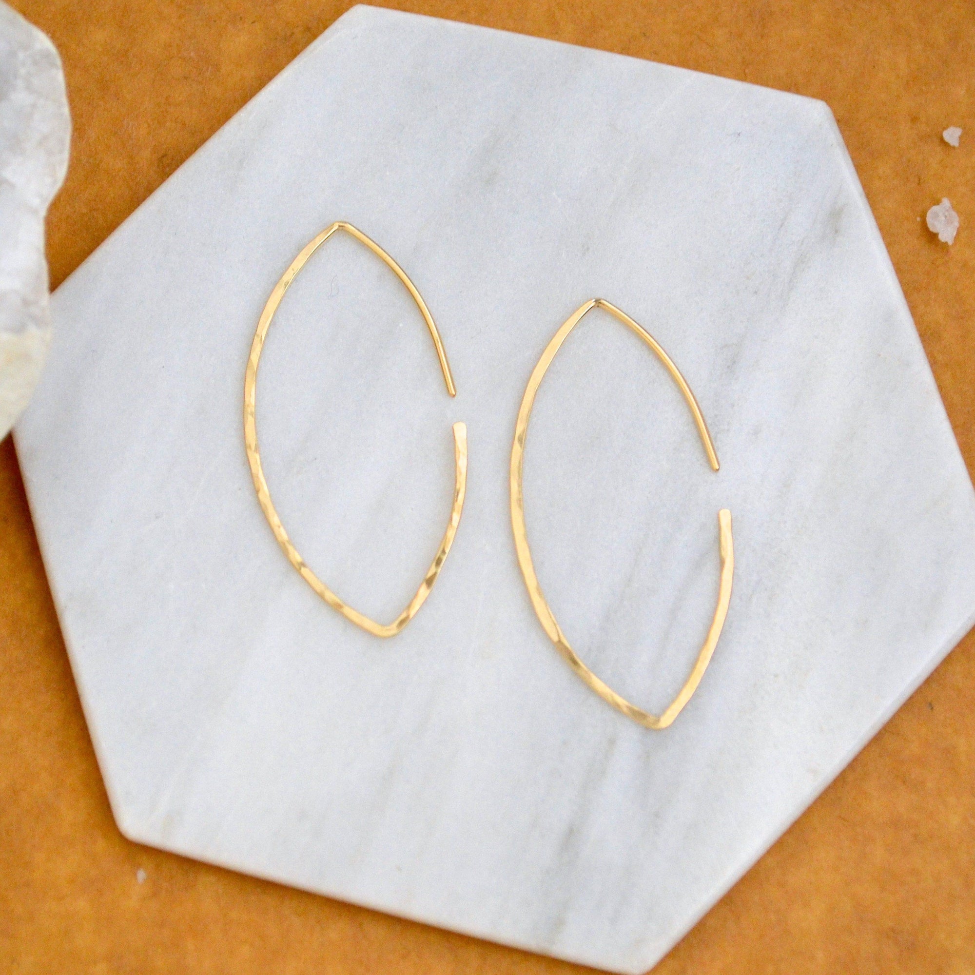 Buffy Hoop Earrings - handmade hammered marquise sleek hoop earrings in 14k gold - Foamy Wader