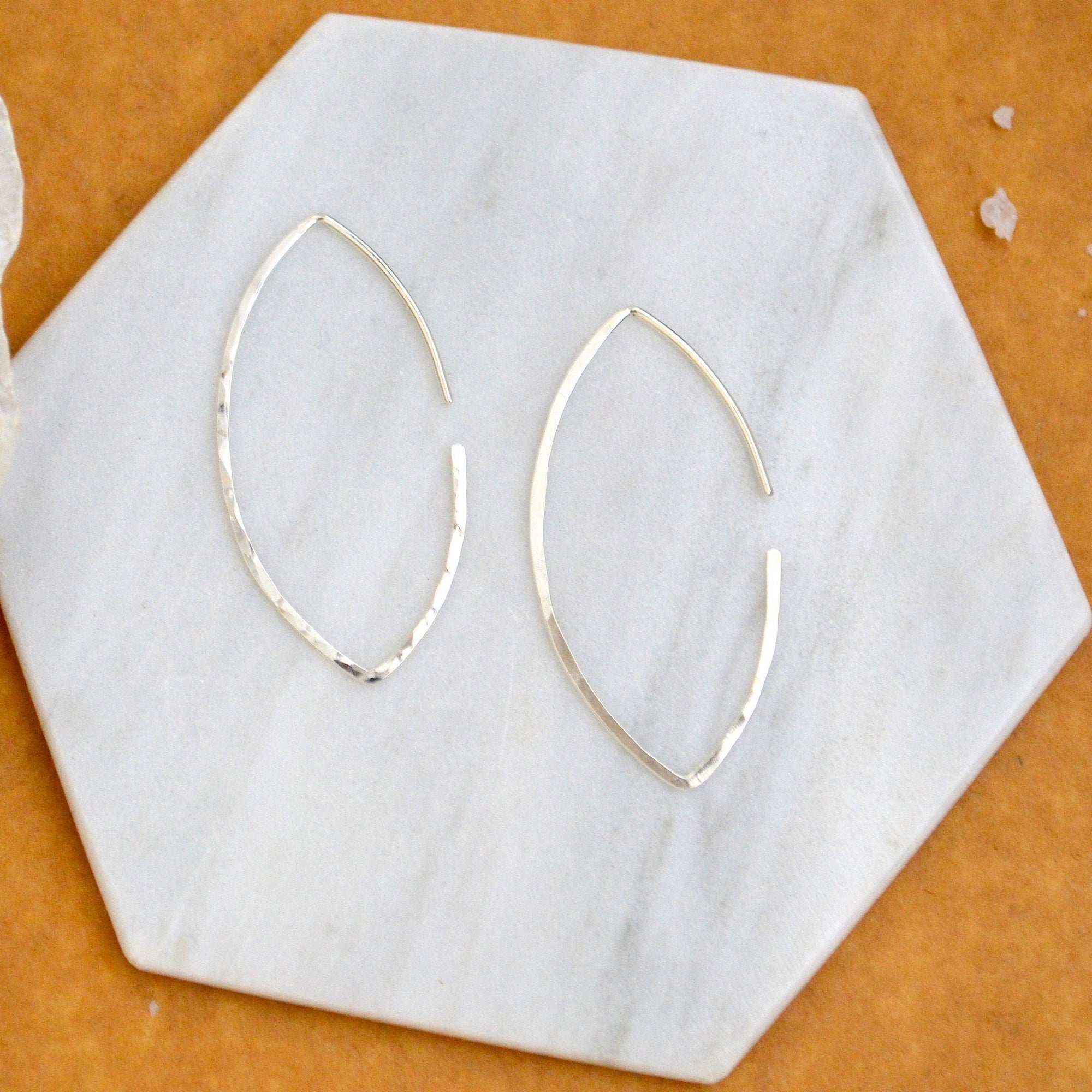 Buffy Hoop Earrings - handmade hammered marquise sleek hoop earrings in 14k gold - Foamy Wader