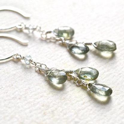 Cascades Earrings - teal moss aquamarine gemstone tendrils earrings - Foamy Wader