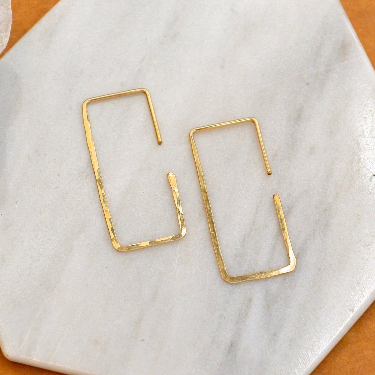 Mast Hoop Earrings - 14K gold shimmering hammered rectangle hoop earrings - Foamy Wader