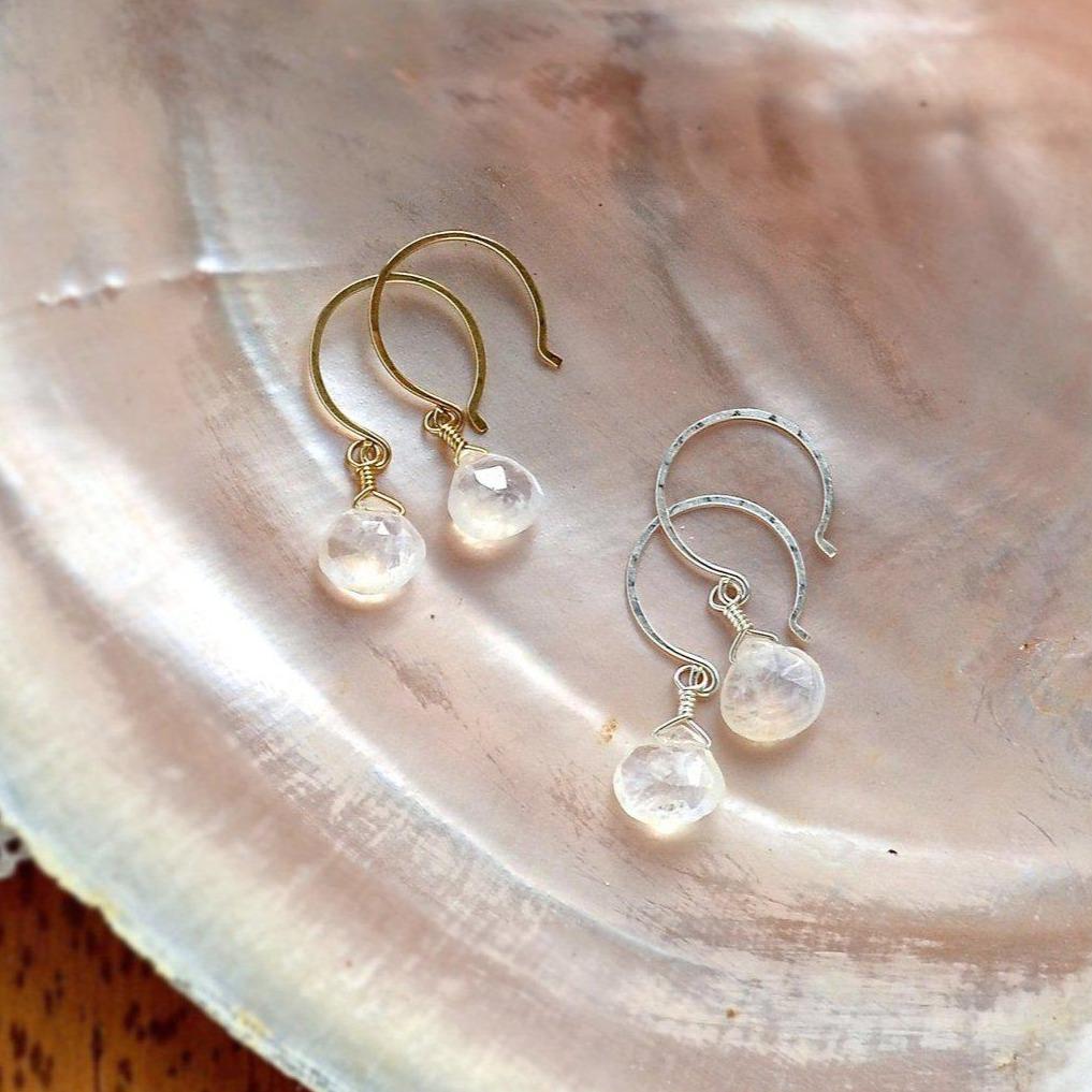 Moon Shadow Earrings - white rainbow moonstone gemstone drop earrings - Foamy Wader