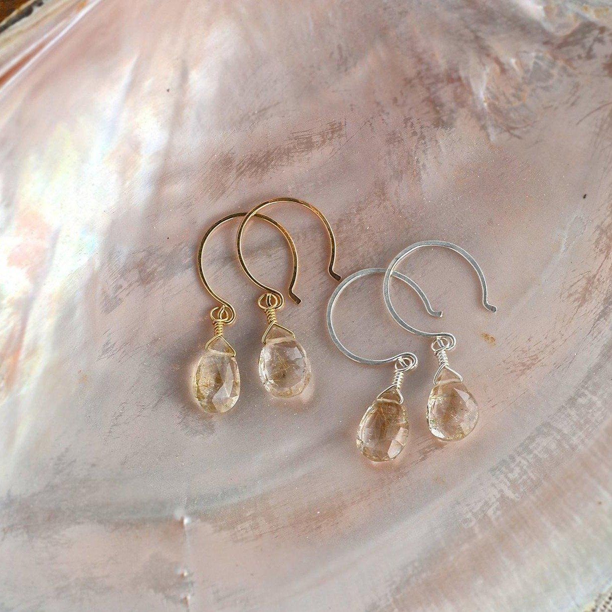 Shimmer Earrings - gold rutilated quartz gemstone drop earrings - Foamy Wader