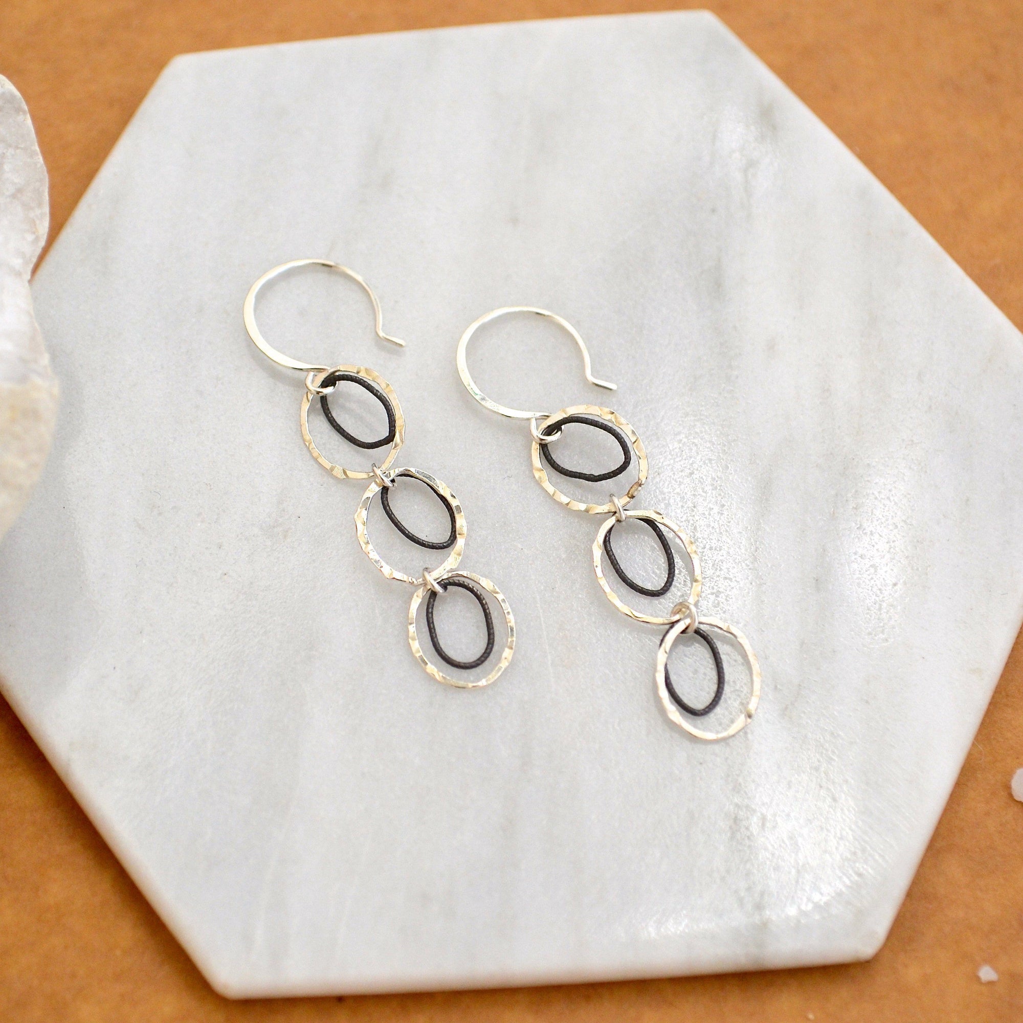 Skipping Stones Earrings - dangling multi circle earrings in gold, silver, or mixed metals - Foamy Wader
