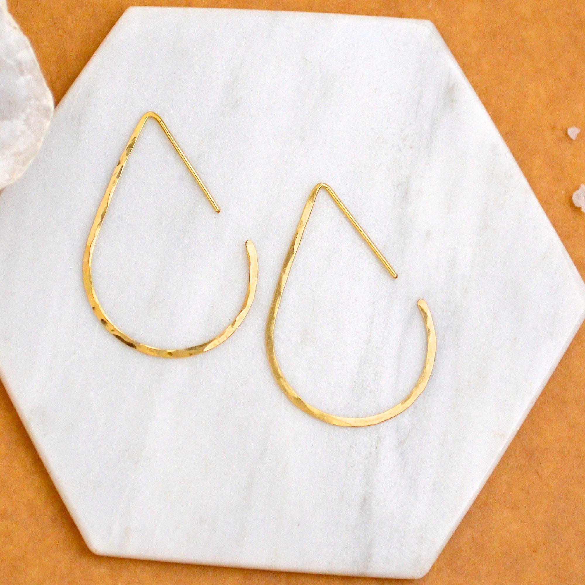 The Point Hoop Earrings - 14K gold handmade hammered teardrop open hoop earrings - Foamy Wader