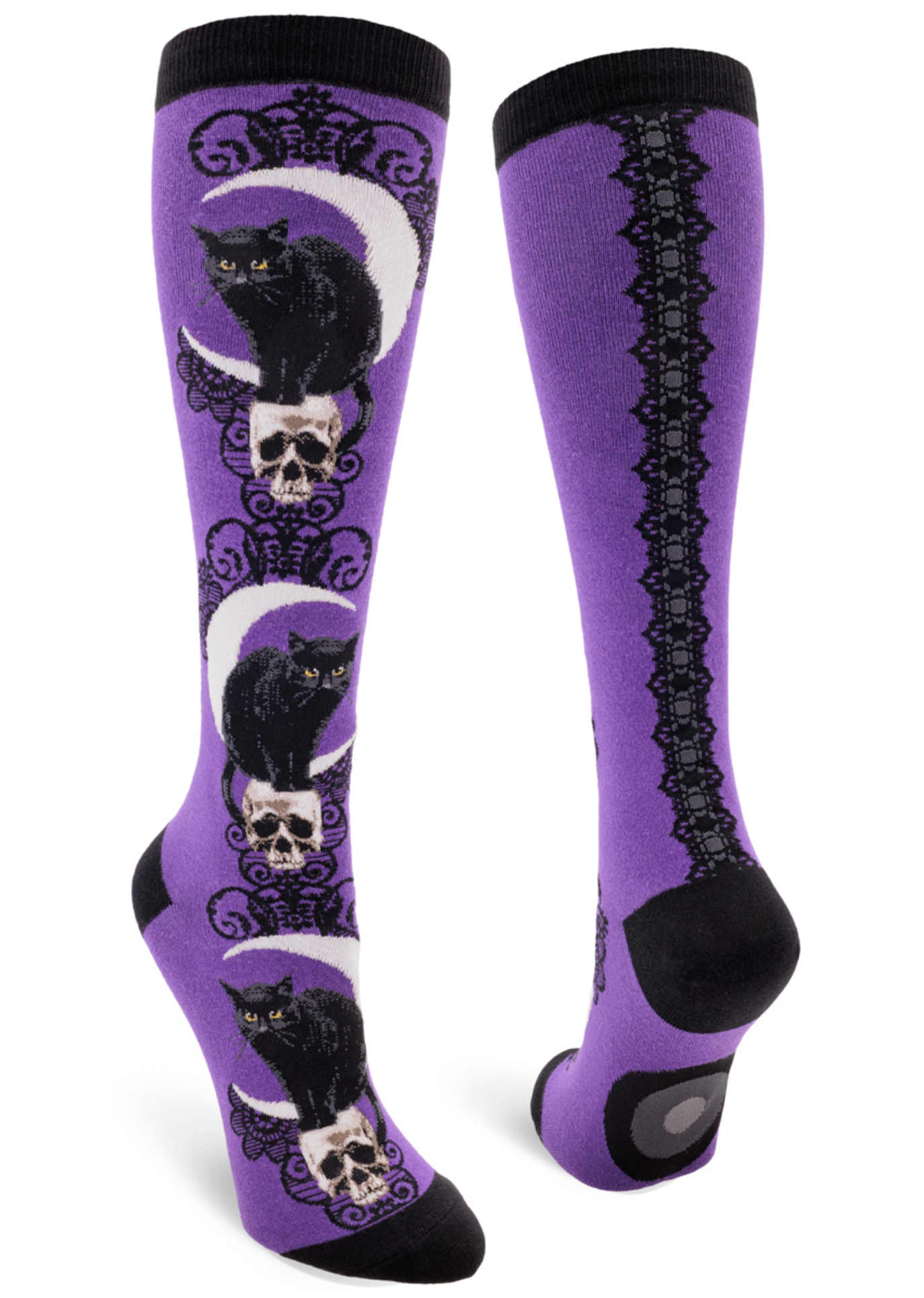 Sock - Knee-High: Black Cat Moon - Purple