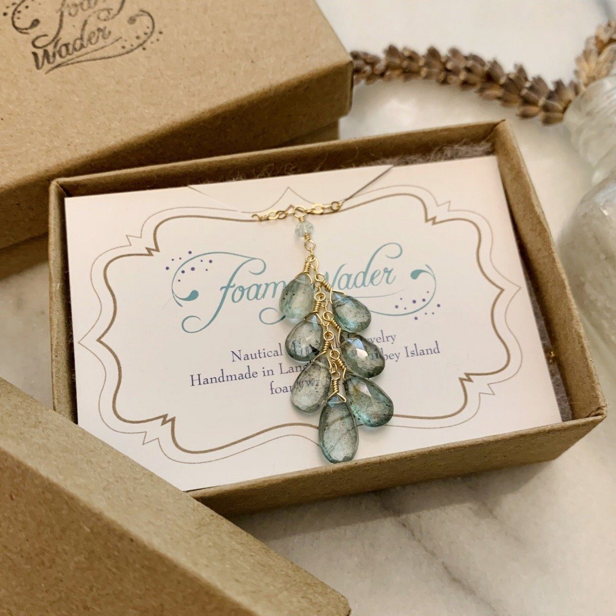 Cascades Necklace - teal moss aquamarine gemstone tendril dangle necklace in gold or silver - Foamy Wader