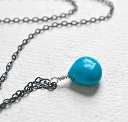 Cozumel Necklace - blue turquoise gemstone solitaire necklace in 14k gold - Foamy Wader