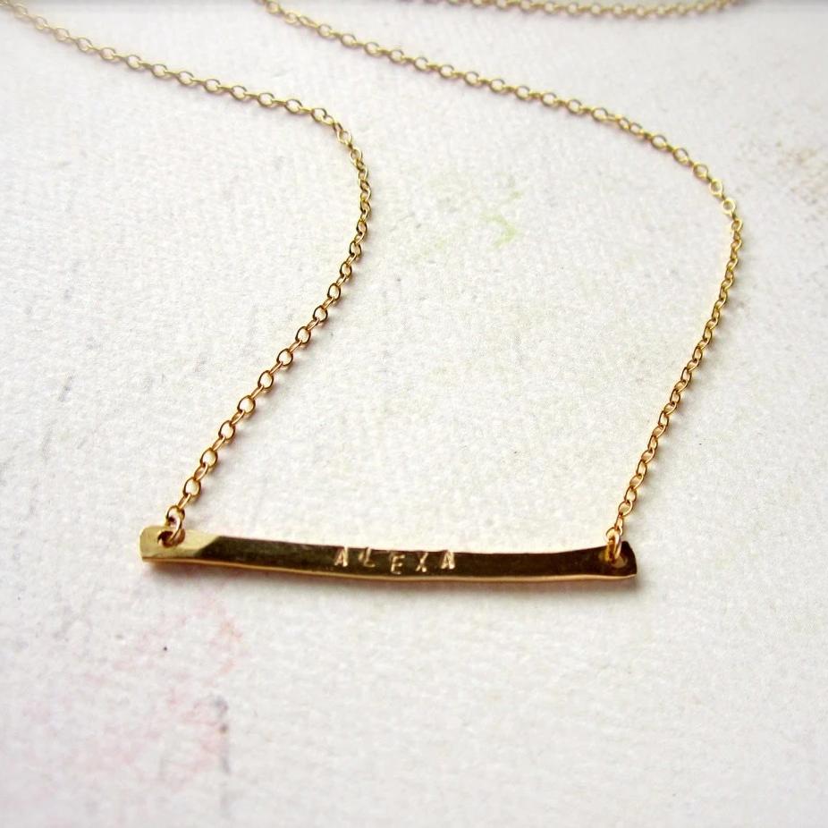 Custom Tiny Name Necklace - horizontal bar custom name necklace in 14k solid gold - Foamy Wader