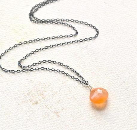 Dusk Necklace - peach moonstone gemstone solitaire necklace in 14k gold - Foamy Wader