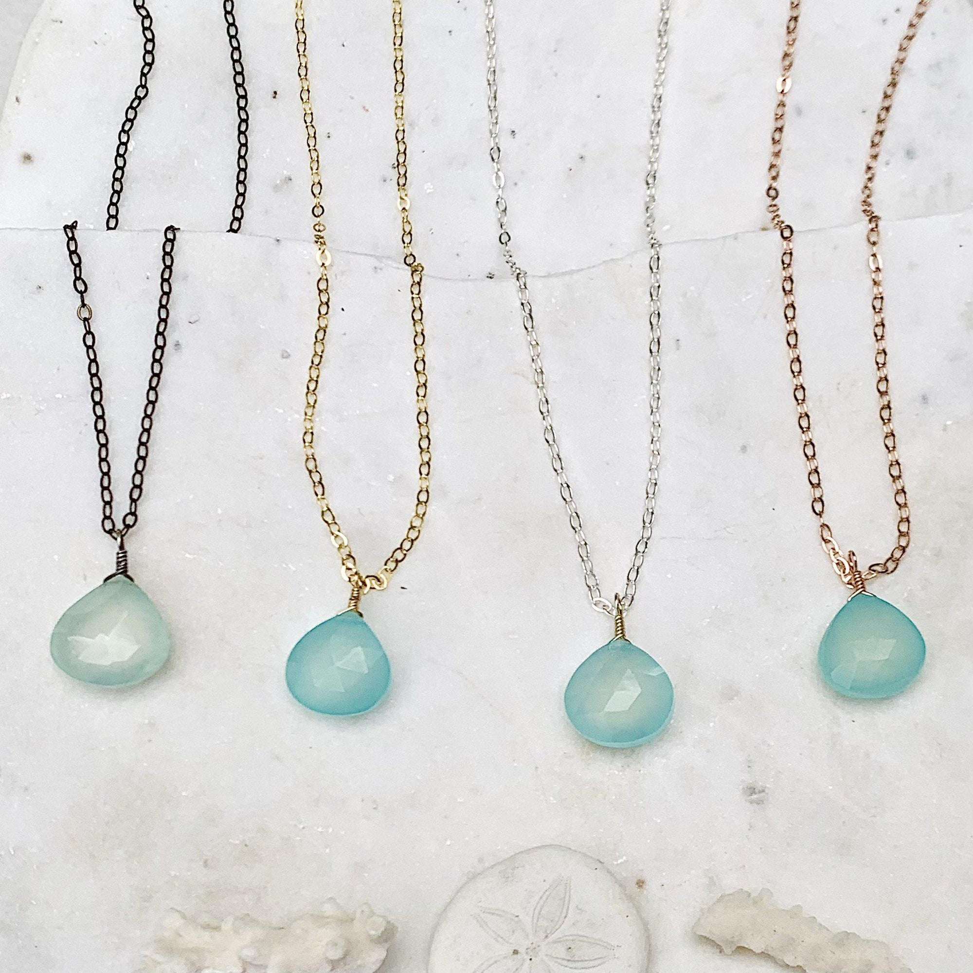 Sayuri Necklace - aqua blue chalcedony gemstone solitaire necklace - Foamy Wader