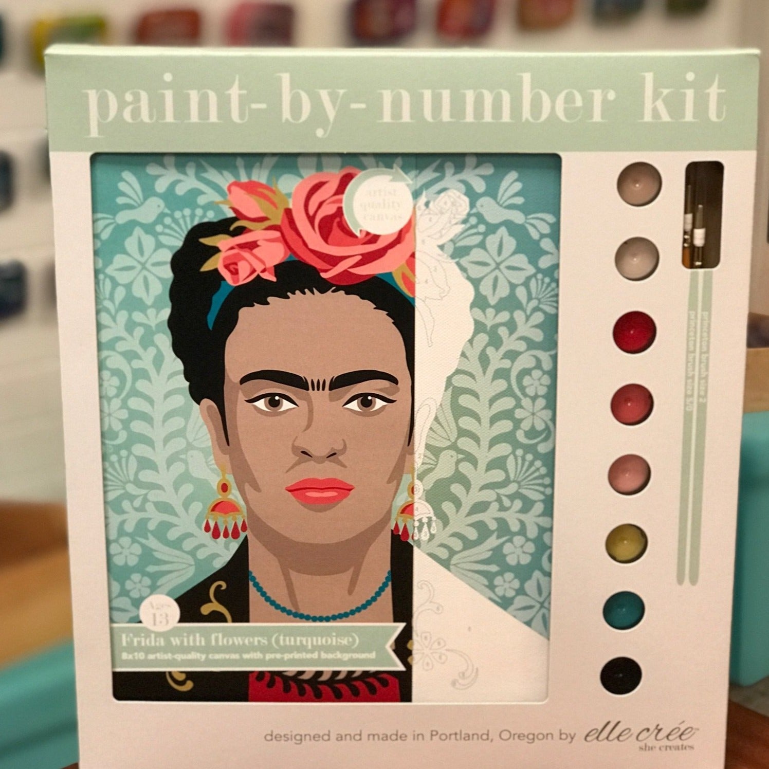 DIY - Paint By Number Kit - Frida with Flowers (Turquoise)